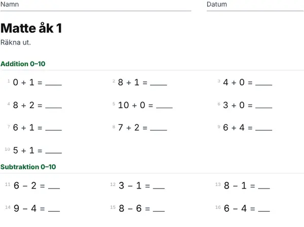 Exempel: Årskurs 1