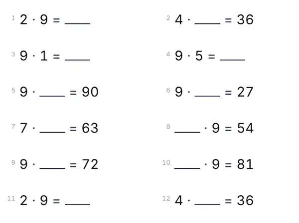Exempel: 9:ans tabell
